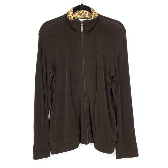 Chicos Travelers Full Zip Jacket Brown Womens Sz 1 US M Leopard Inner Collar - Picture 1 of 5